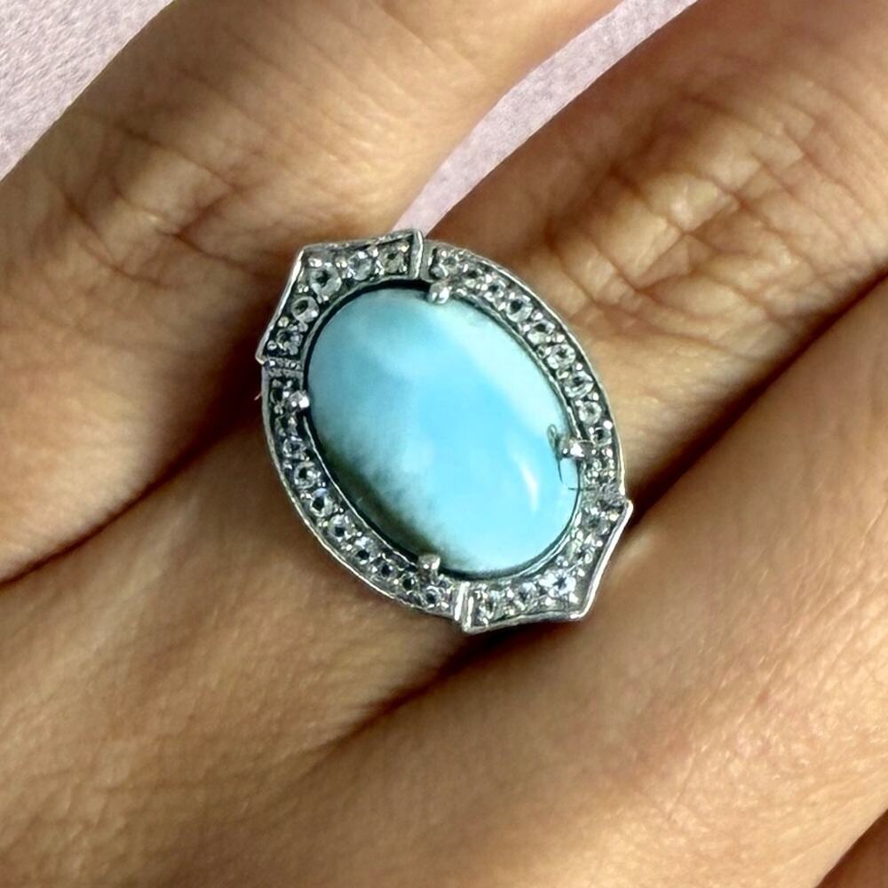 sterling silver blue larimar cabochon & white topaz halo ring size 6